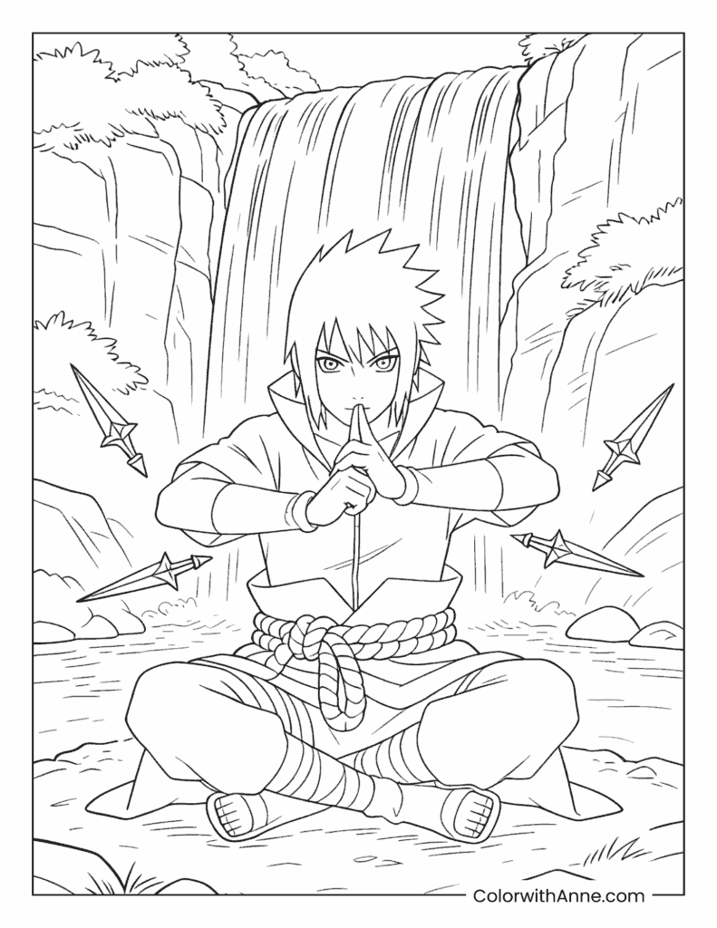 Sasuke Meditating Under a Waterfall with Shuriken Coloring Page
