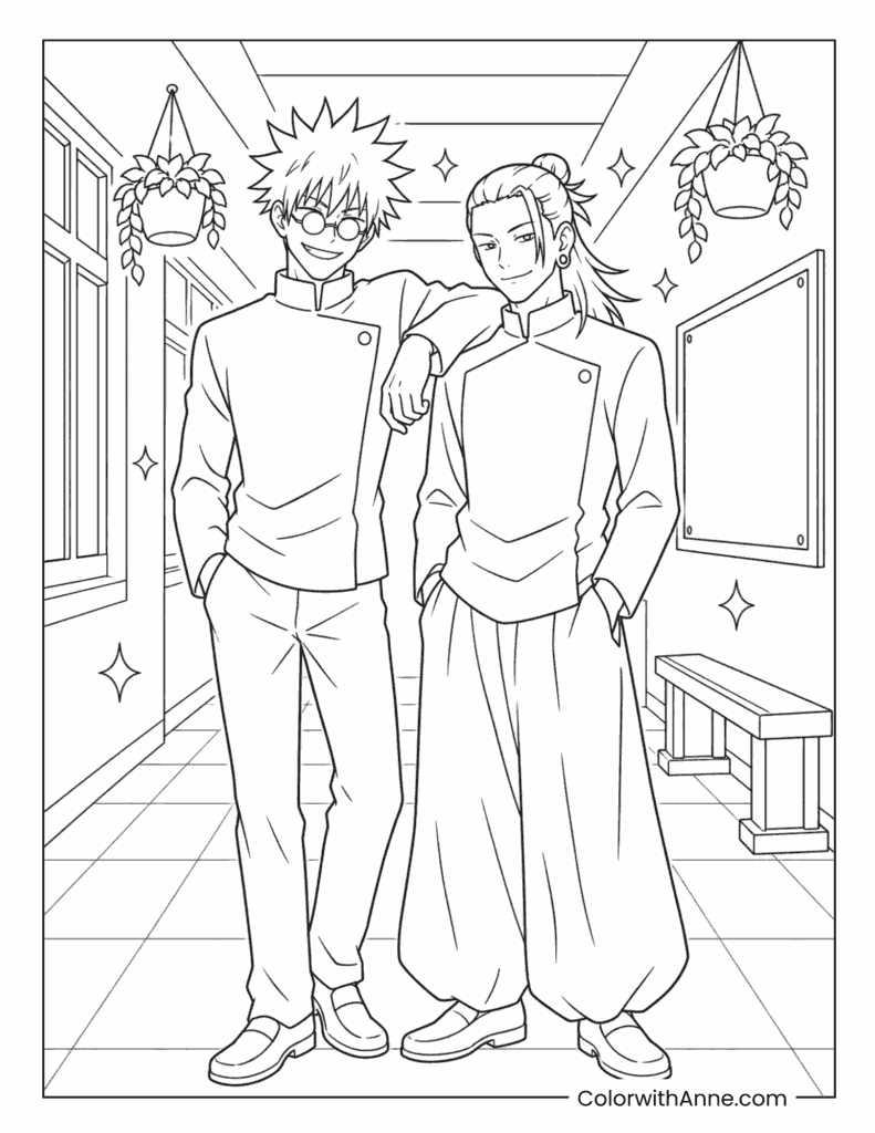 Satoru Gojo and Suguru Geto Hallway Friends Coloring Page