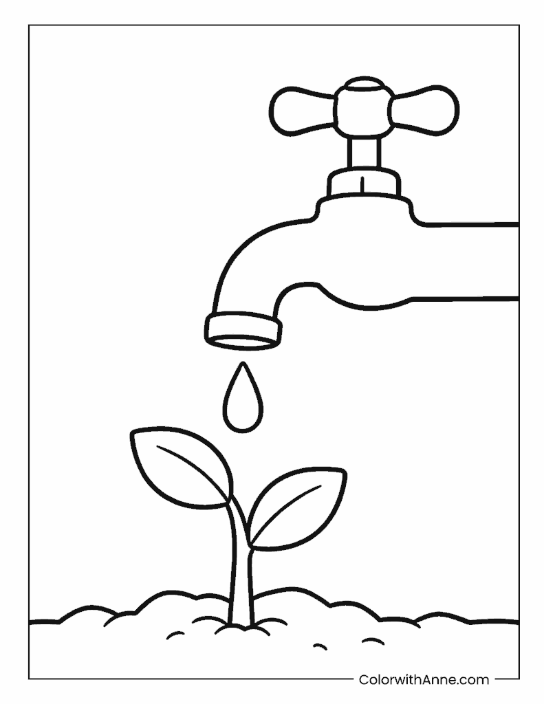 Save Water Tap and Plant Earth Day Coloring Page