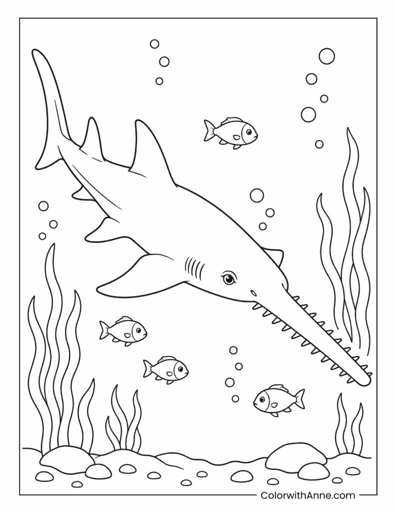 Sawshark Swimming with Small Fish Underwater Coloring Page