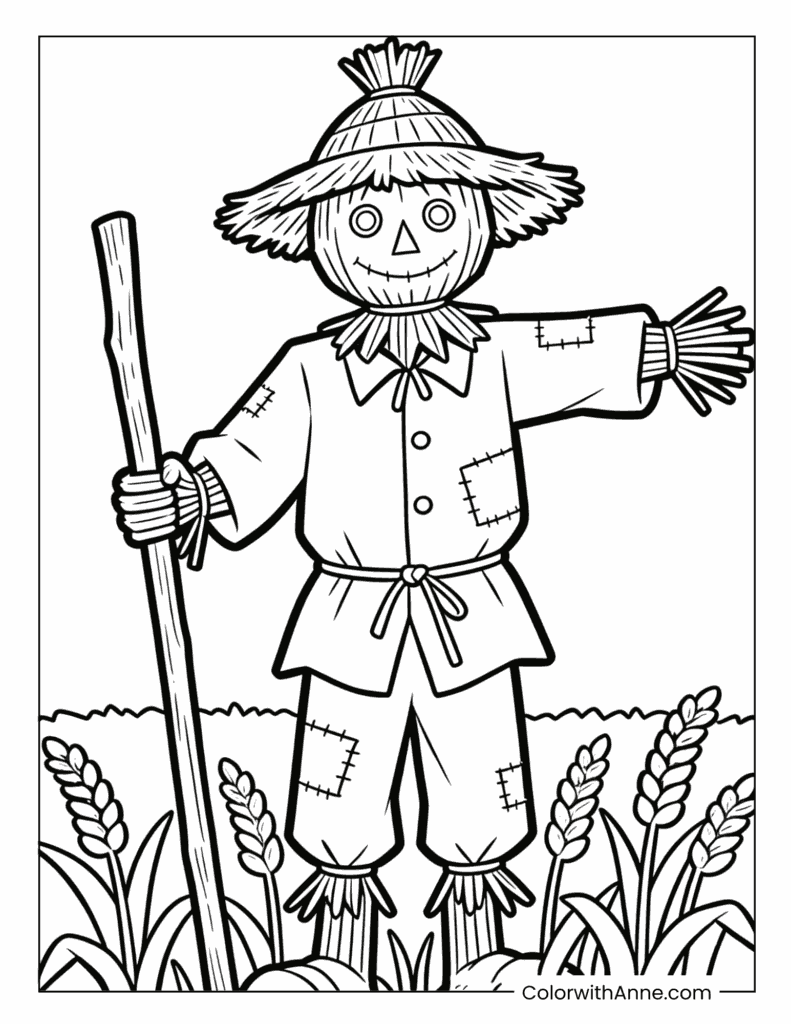 Scarecrow in Wheat Field Simple Farm Coloring Page