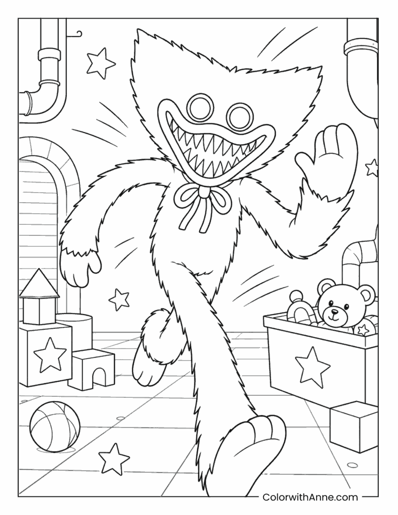 Scary Huggy Wuggy Running Coloring Page