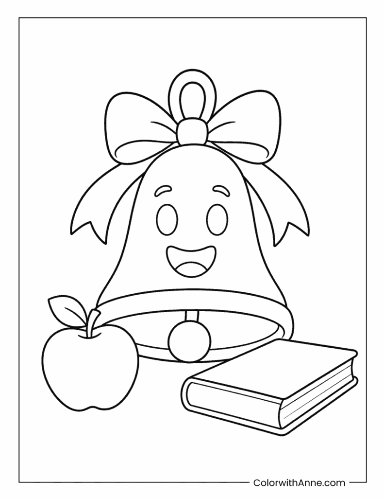 School Bell with an Apple and Book Coloring Page