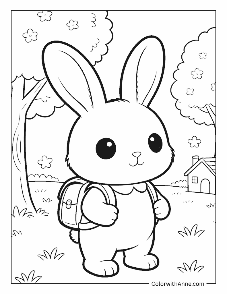 School Bunny with Backpack and Trees Coloring Page