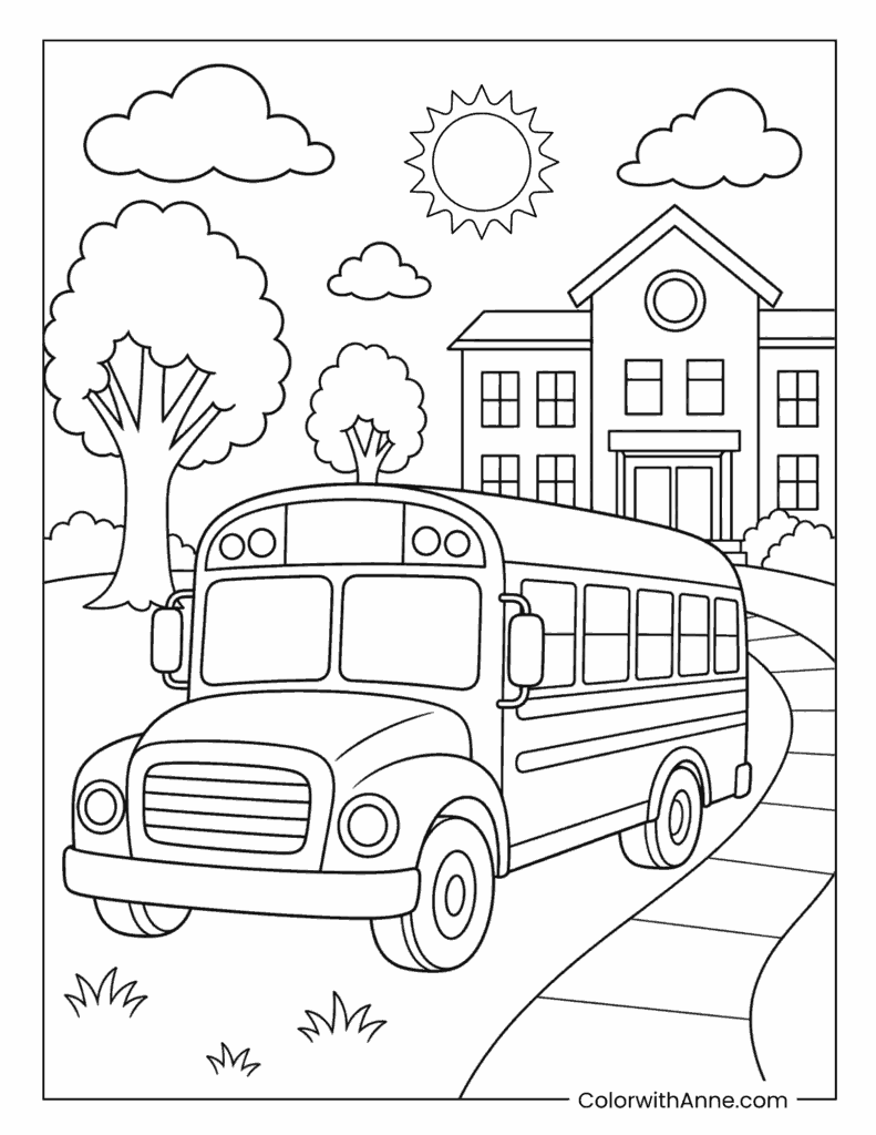 School Bus Arriving at School Coloring Page
