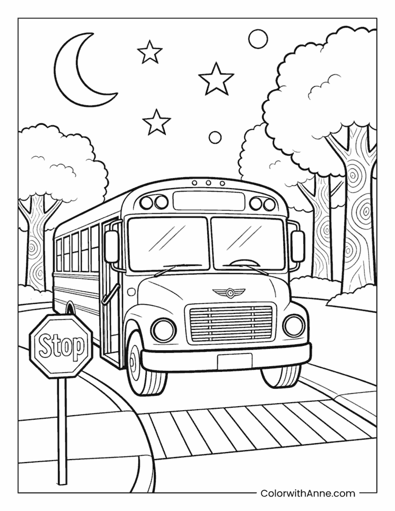 School Bus Under a Starry Night Coloring Page