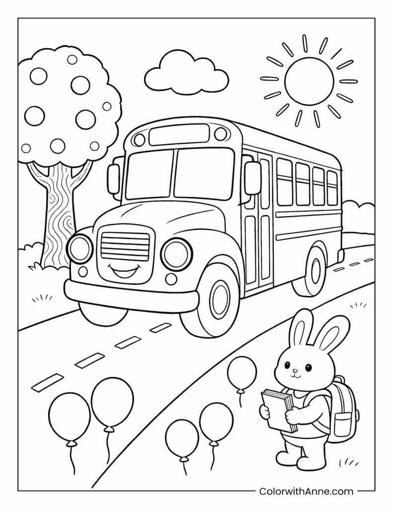 School Bus and Rabbit Student Coloring Page