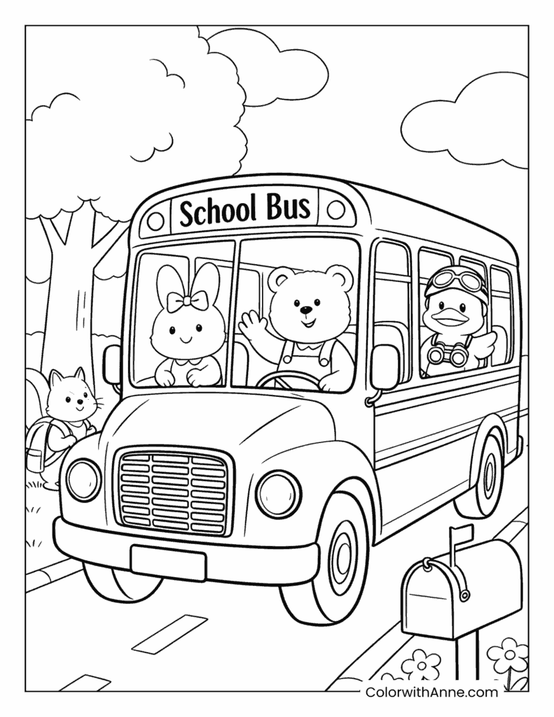 School Bus with Animal Friends at a Bus Stop Coloring Page