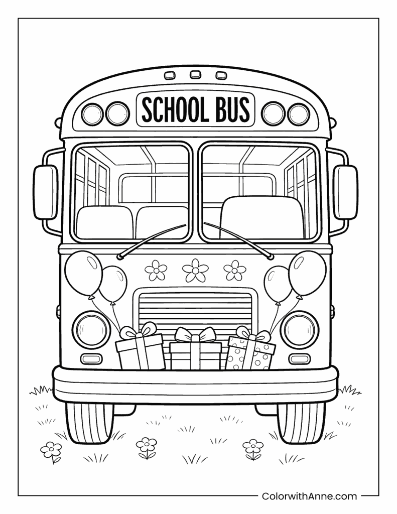 School Bus with Birthday Decorations Coloring Page