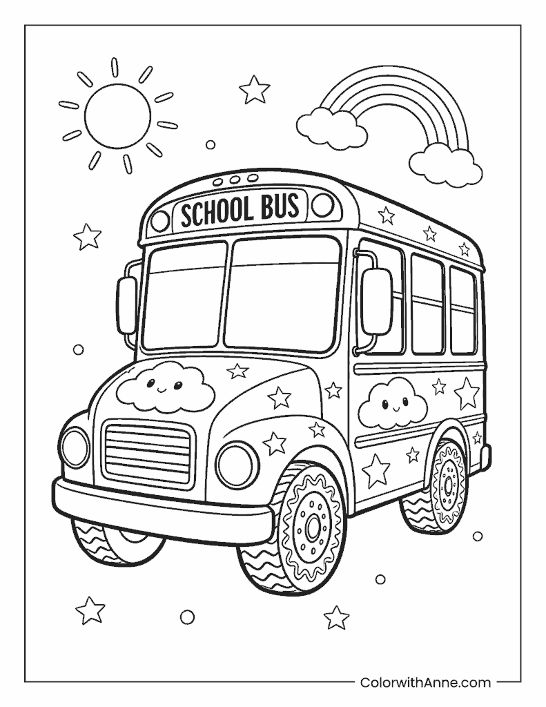 School Bus with Rainbow and Stars Coloring Page