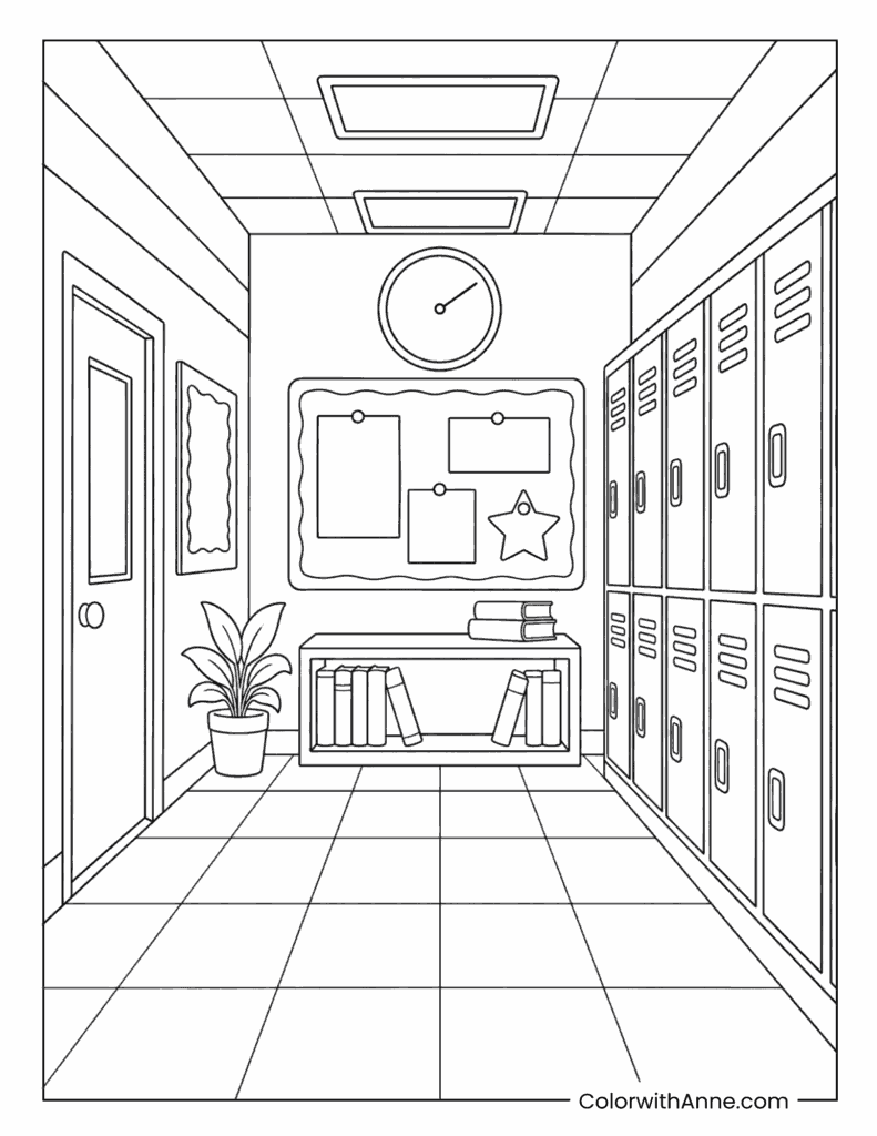 School Hallway with Lockers Coloring Page