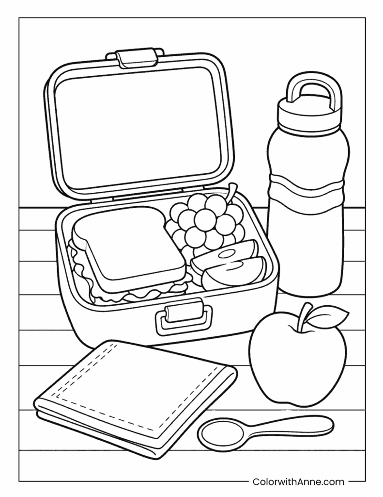 School Lunchbox Water Bottle and Notebook Coloring Page