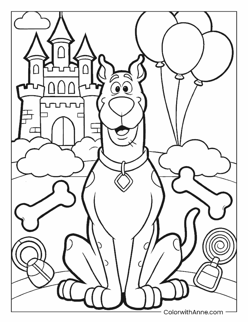 Scooby-Doo Sitting Before a Castle with Balloons Coloring Page