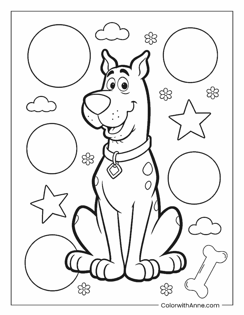 Scooby-Doo Sitting and Smiling with Stars and Bones Coloring Page