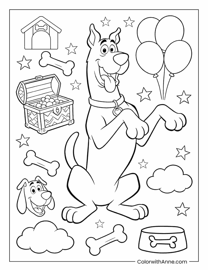 Scooby-Doo Surrounded by Cute Items Coloring Page