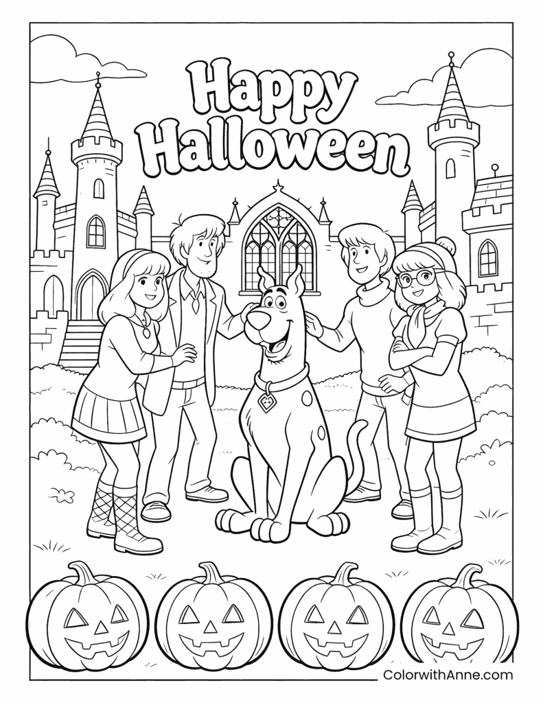 Scooby-Doo and Friends (Shaggy Rogers, Fred Jones, Daphne Blake, and Velma Dinkley) Spooky Halloween Party Coloring Page