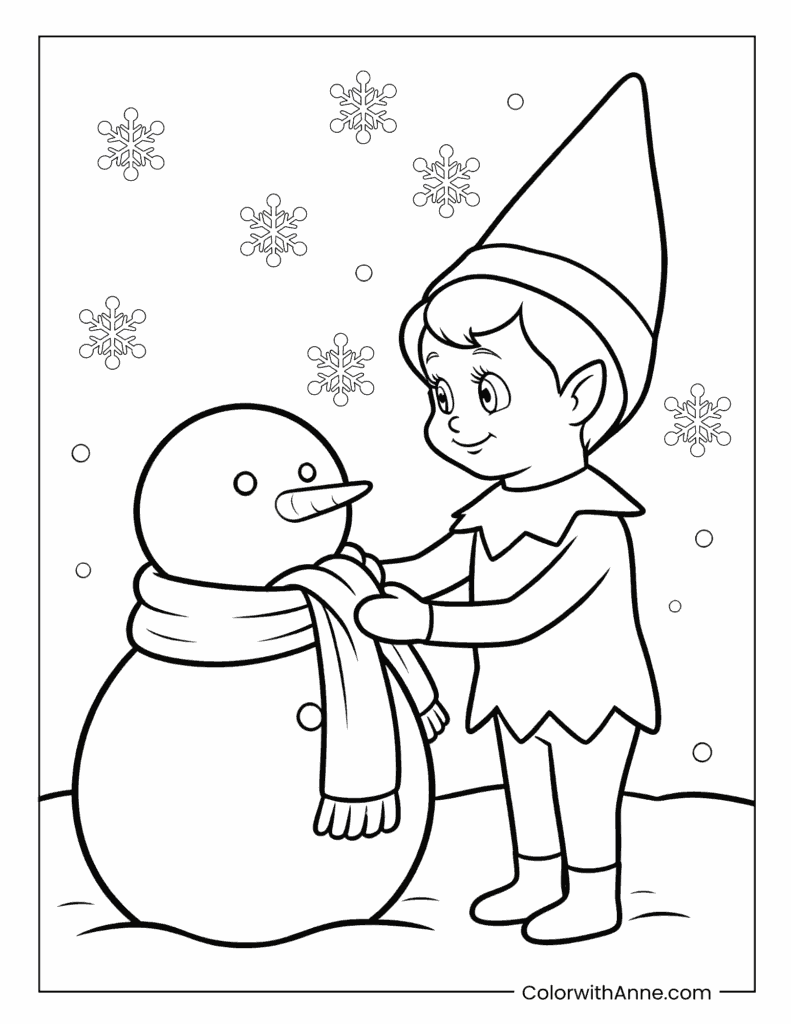 Scout Elf Building a Snowman Coloring Page