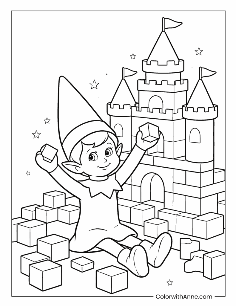 Scout Elf Building a Toy Castle Coloring Page