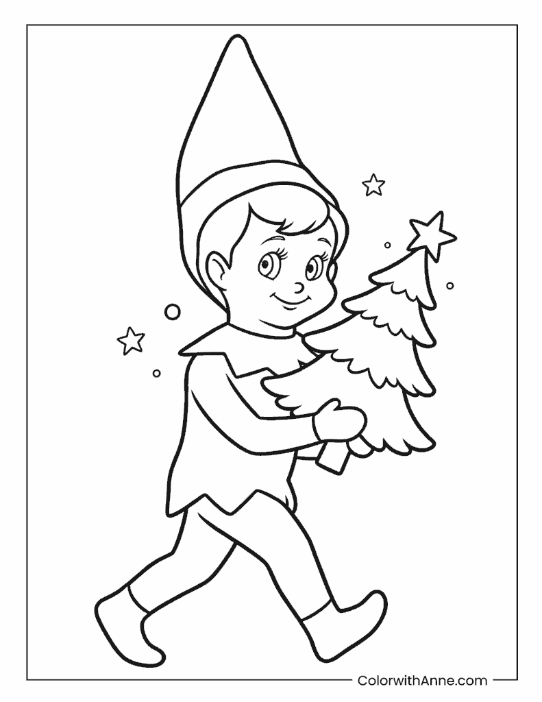 Scout Elf Carrying a Mini Christmas Tree Coloring Page