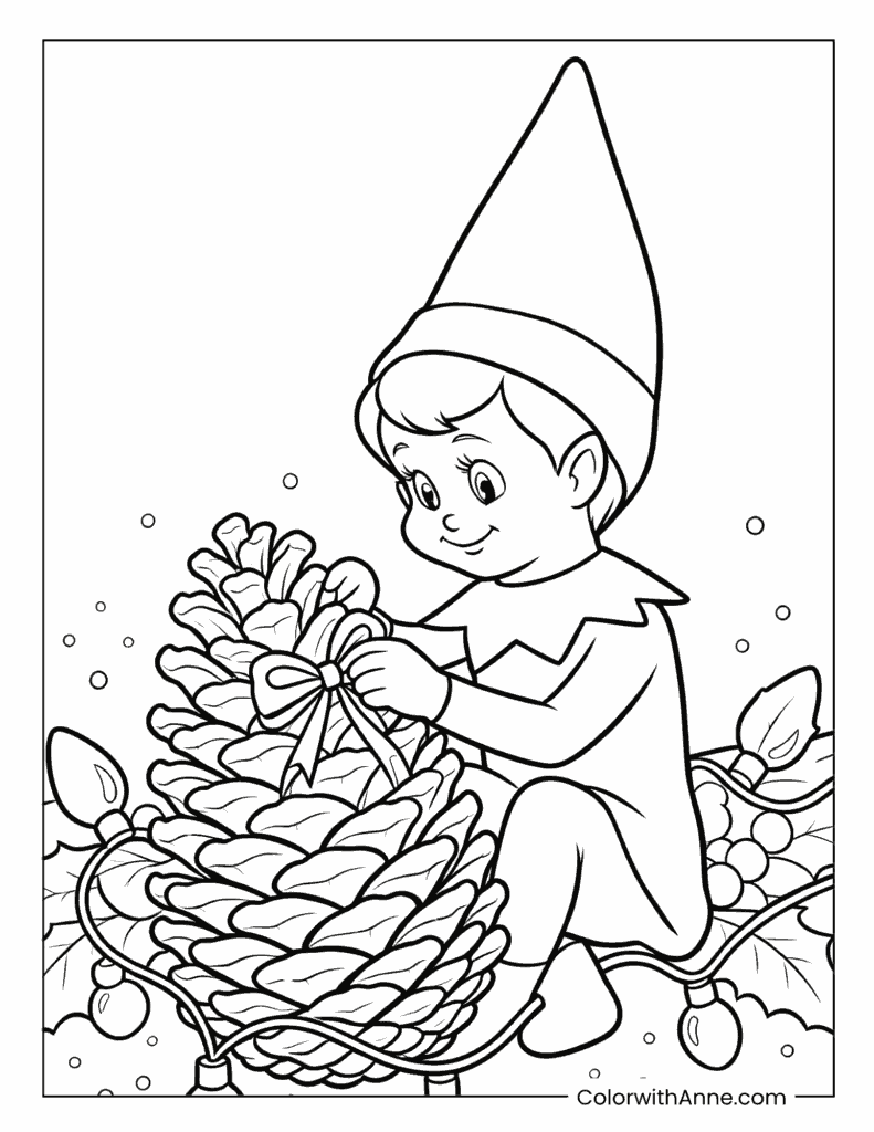 Scout Elf Decorating a Pinecone Coloring Page