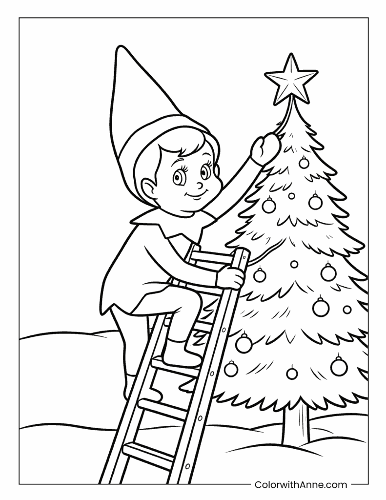 Scout Elf Decorating the Christmas Tree Coloring Page