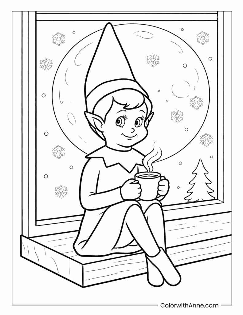 Scout Elf Drinking Hot Cocoa by the Full Moon Coloring Page