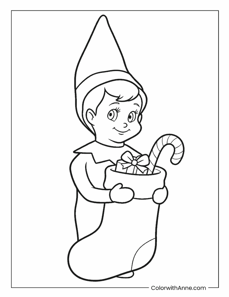 Scout Elf Filling a Christmas Stocking Coloring Page