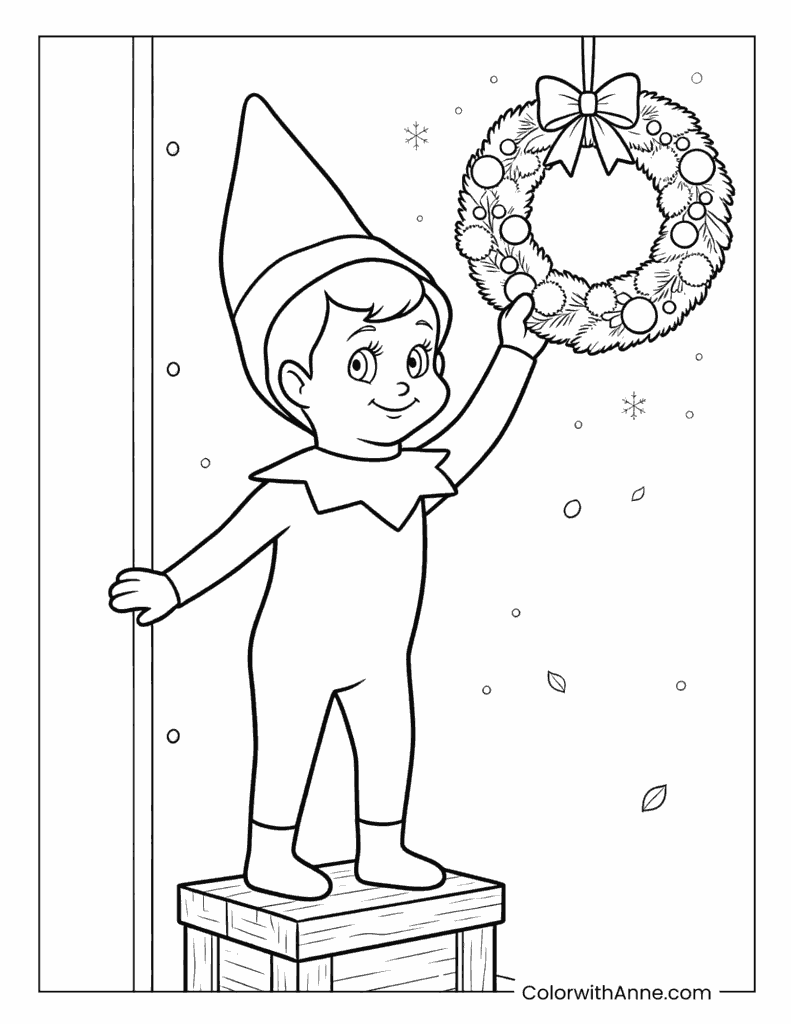 Scout Elf Hanging a Christmas Wreath Coloring Page