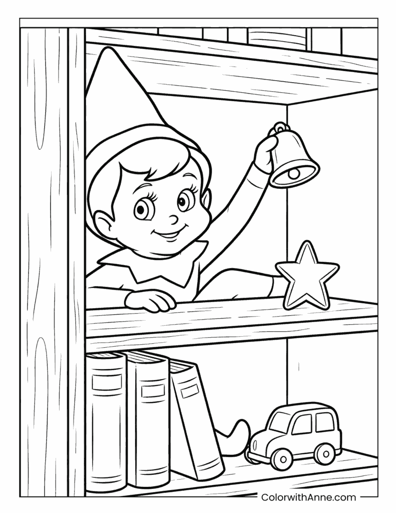 Scout Elf Hiding on a Bookshelf Coloring Page
