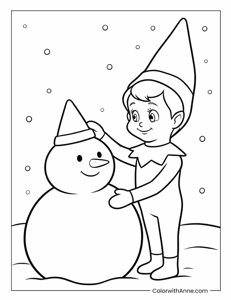 Scout Elf Hugging a Snowman Coloring Page