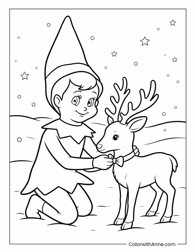 Scout Elf Petting a Reindeer Coloring Page
