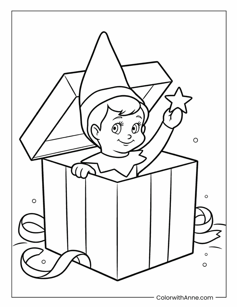 Scout Elf Popping Out of a Gift Box Coloring Page