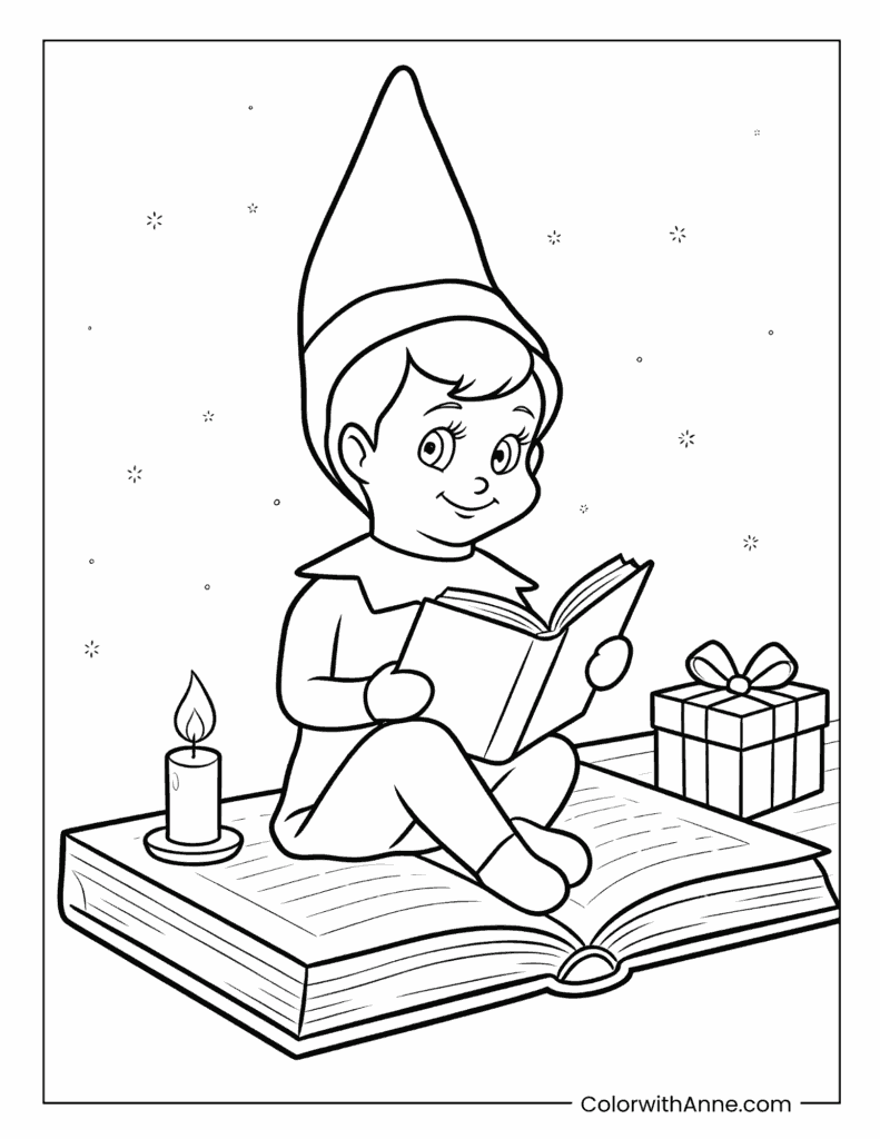 Scout Elf Reading on a Giant Book Coloring Page