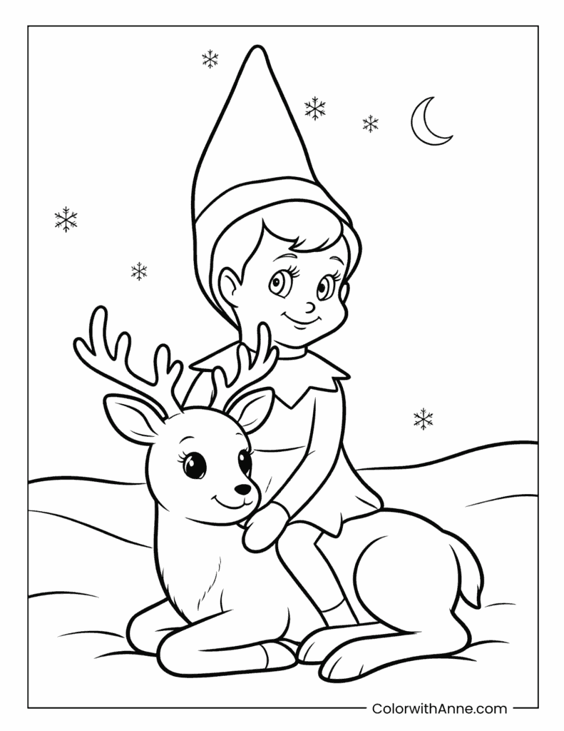 Scout Elf Sitting with a Reindeer Coloring Page