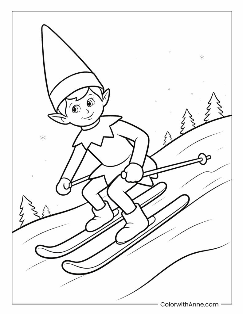 Scout Elf Skiing Down a Snowy Hill Coloring Page