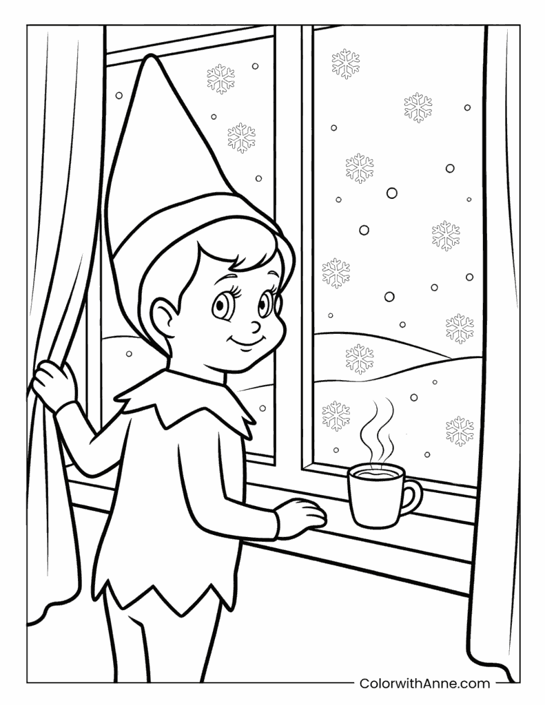 Scout Elf Watching Snow from the Window Coloring Page