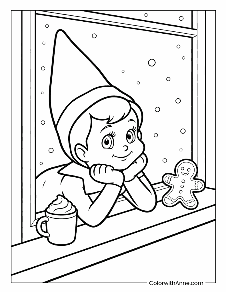 Scout Elf Watching Snow with Hot Cocoa and a Cookie Coloring Page