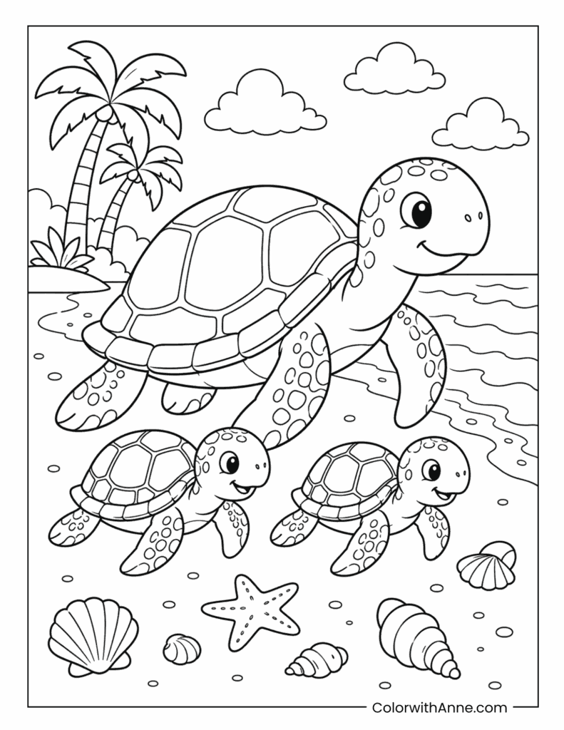 Sea Turtle Family at the Beach Coloring Page
