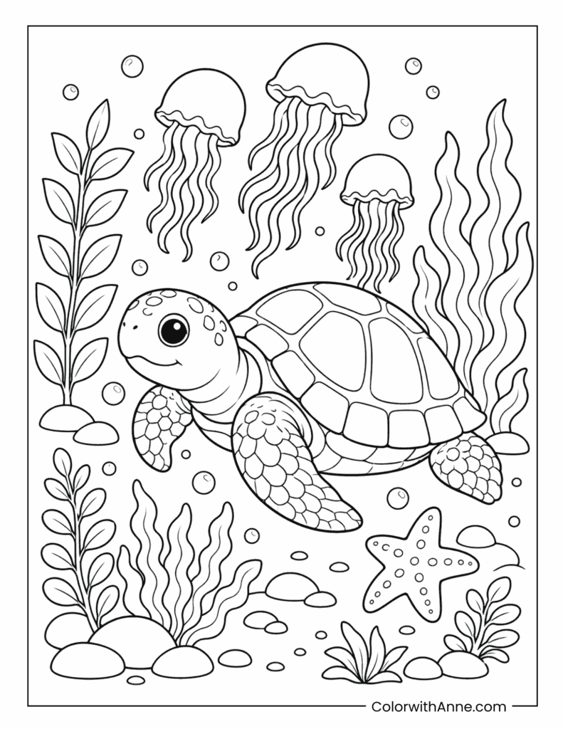 Sea Turtle Swimming with Jellyfish Coloring Page