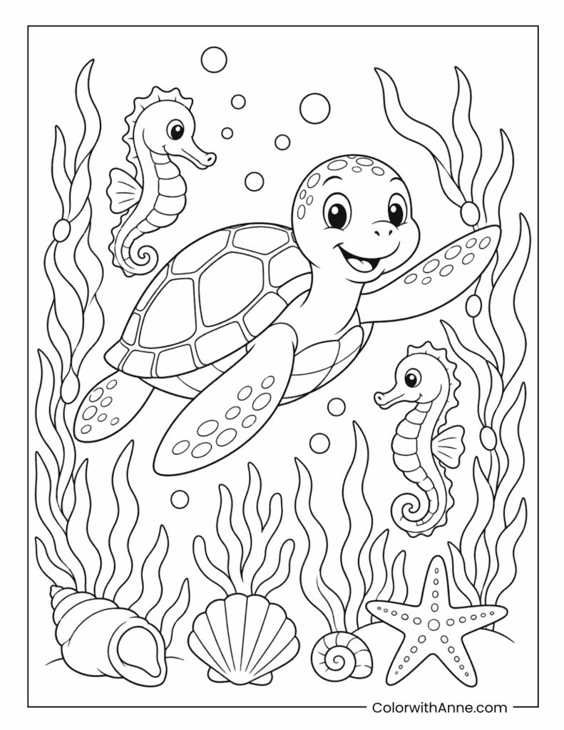 Sea Turtle Swimming with Seahorses Coloring Page