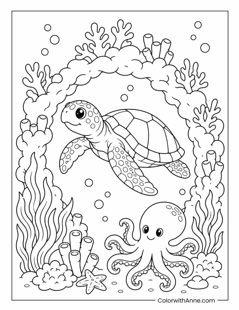 Sea Turtle Swimming with a Friendly Octopus Coloring Page