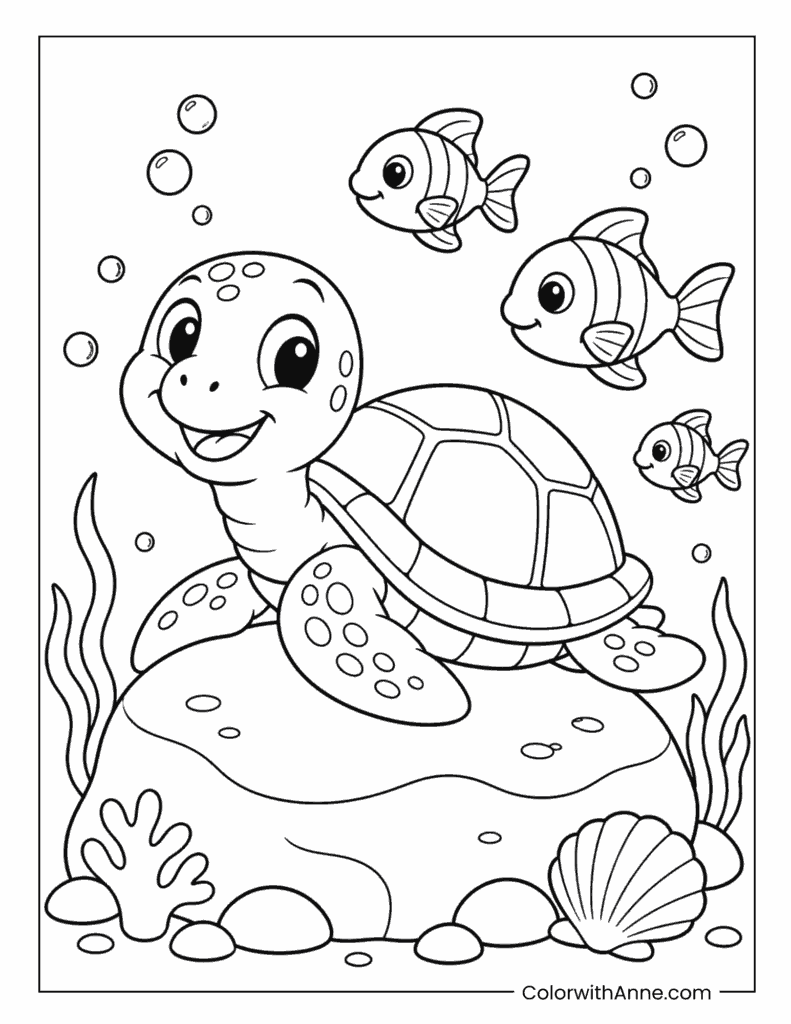 Sea Turtle with Fish Underwater Easy Coloring Page