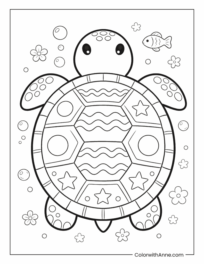 Sea Turtle with a Geometric Shell Pattern Coloring Page