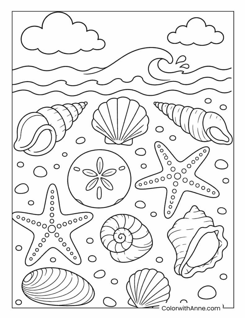 Seashells, Sand Dollar and Starfish Beach Collection Coloring Page