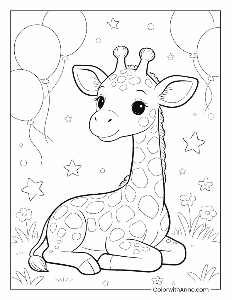 Seated Giraffe with Hearts and Stars Coloring Page
