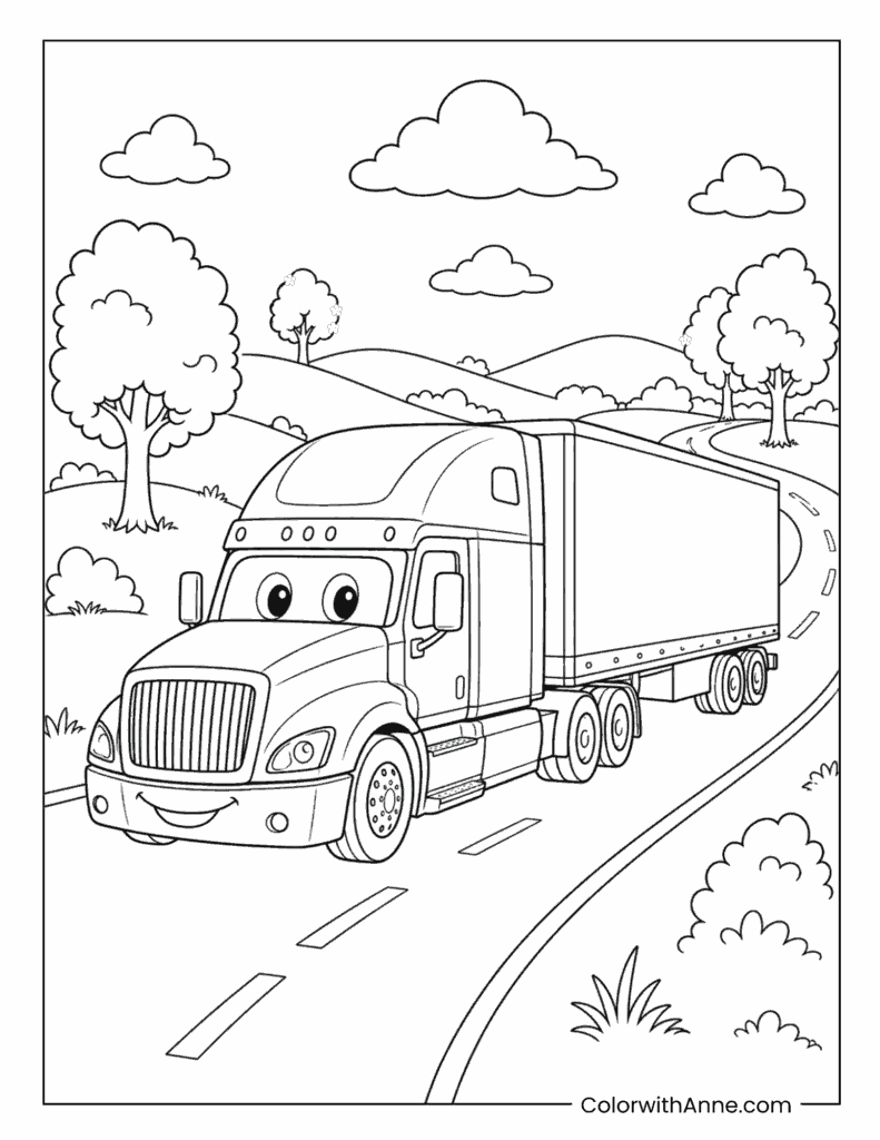 Semi Truck Driving Through Green Country Hills Coloring Page