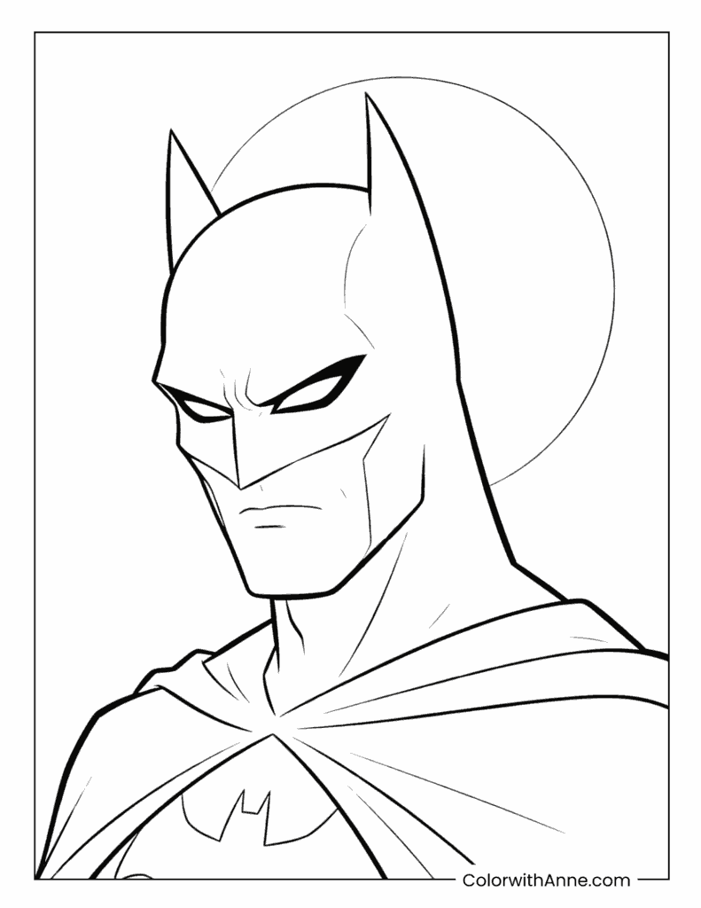 Serious Batman Portrait with a Glowing Moon in the Background Coloring Page