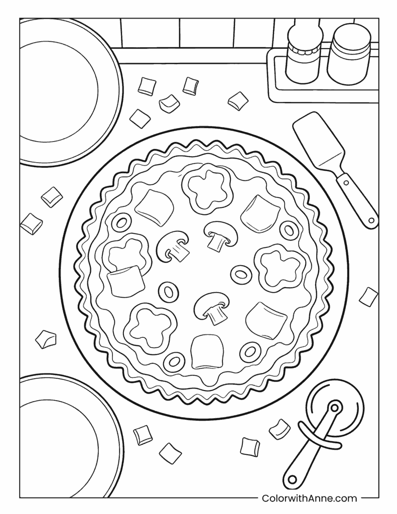 Served Pizza on Plate with Kitchen Utensils Coloring Page