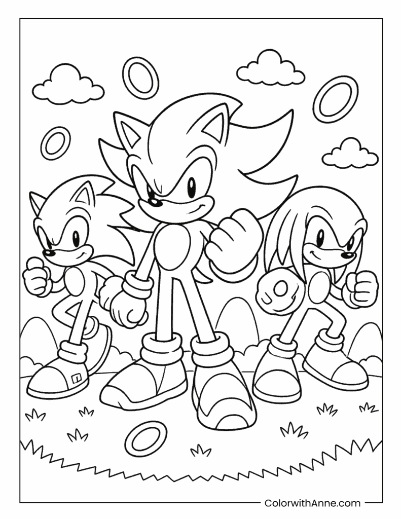 Shadow, Sonic and Knuckles Team Pose Coloring Page