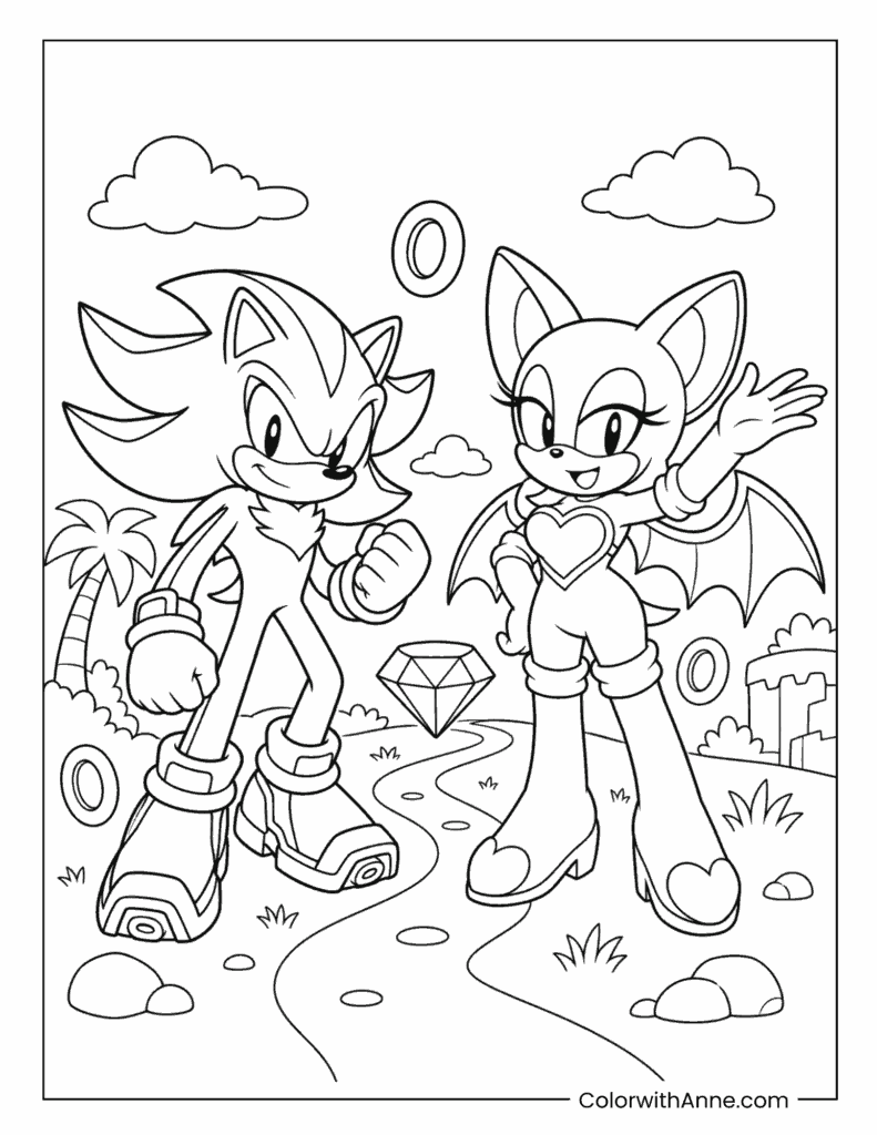 Shadow and Rouge Gem Adventure Coloring Page